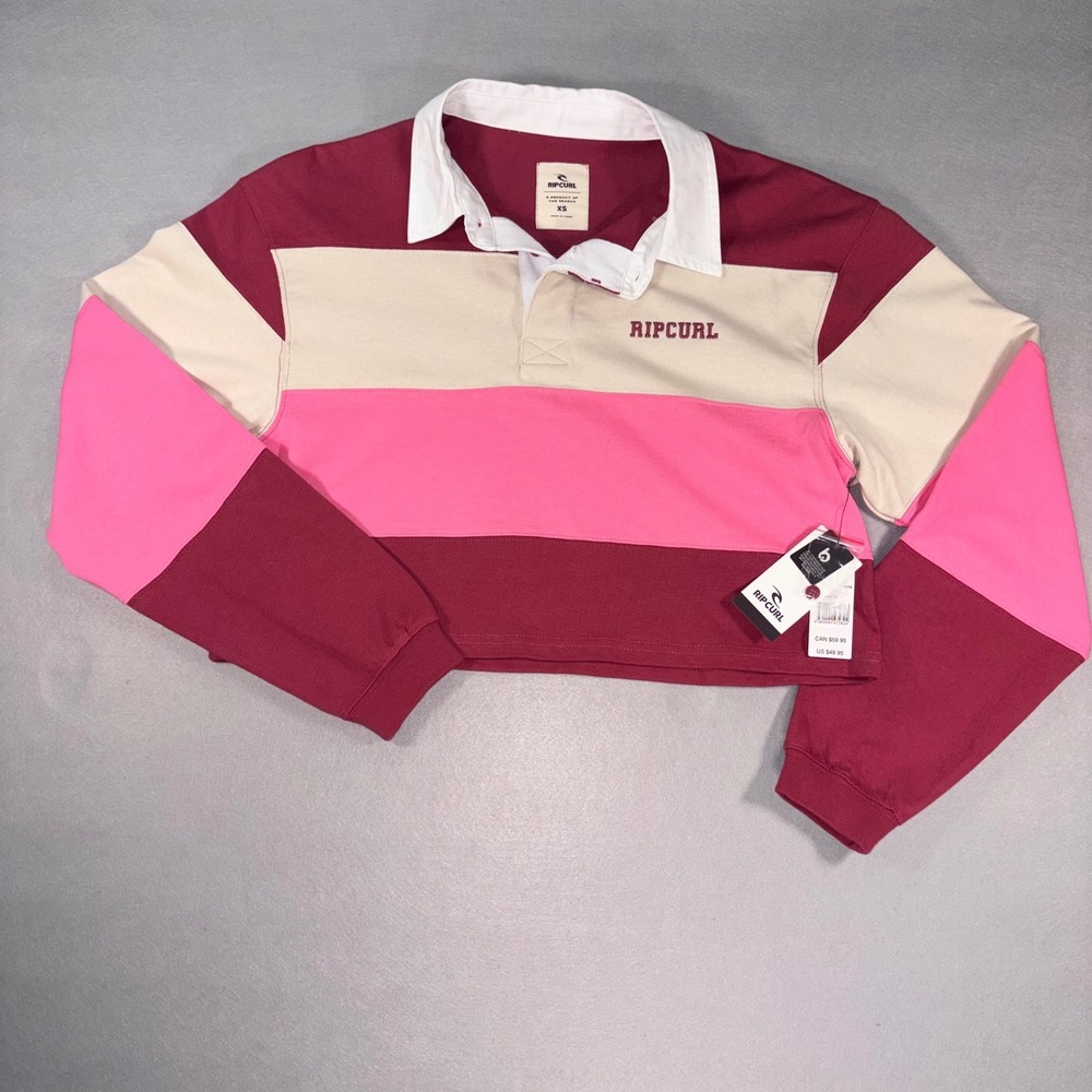 Rip Curl Womens XS Colorblock Rugby Shirt Long Sleeve Crop Top Burgundy Pink NEW